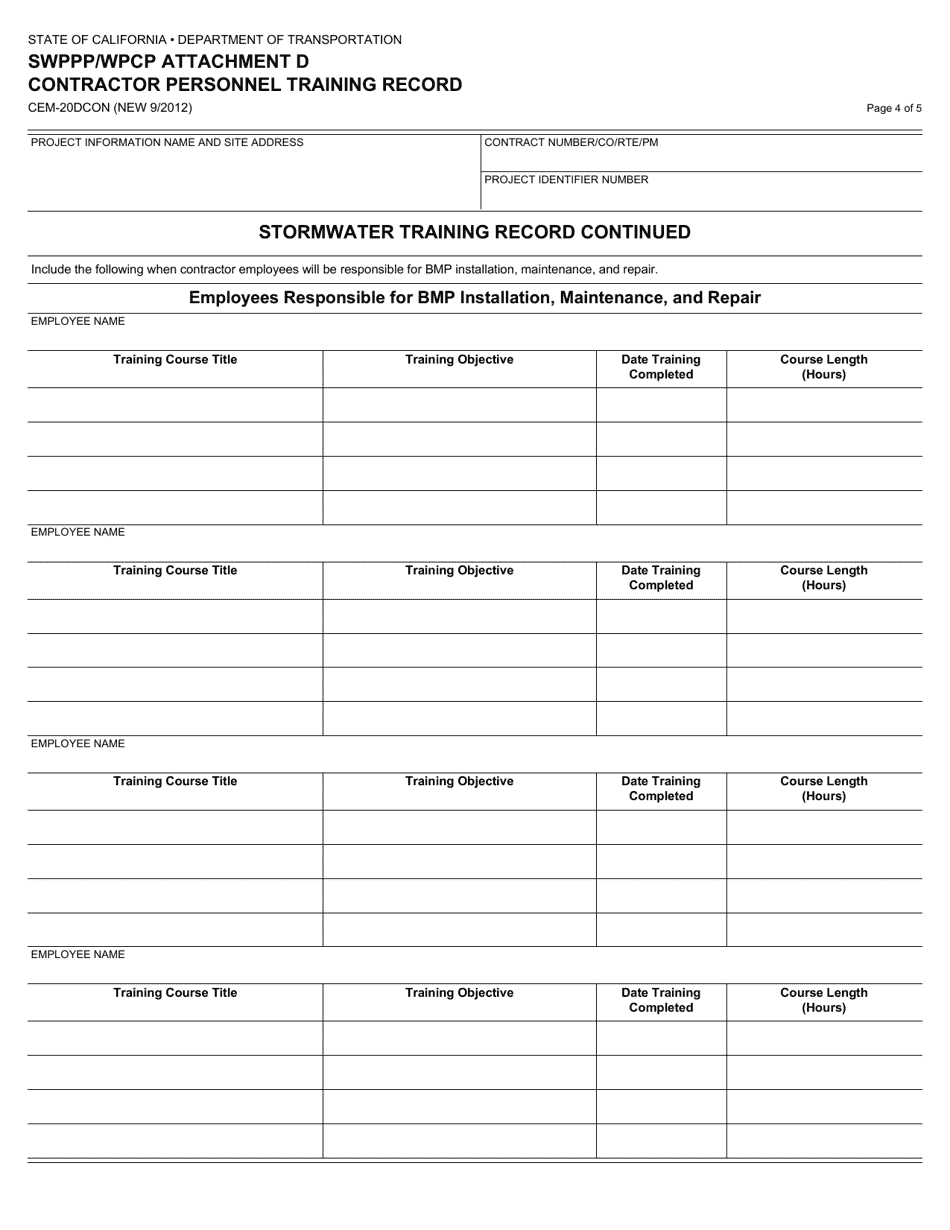 Form CEM-20DCON Attachment D Contractor Personnel Training Record - California, Page 4