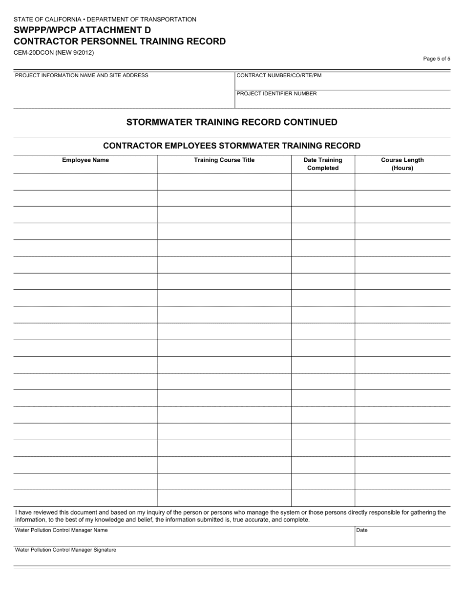 Form CEM-20DCON Attachment D Contractor Personnel Training Record - California, Page 5