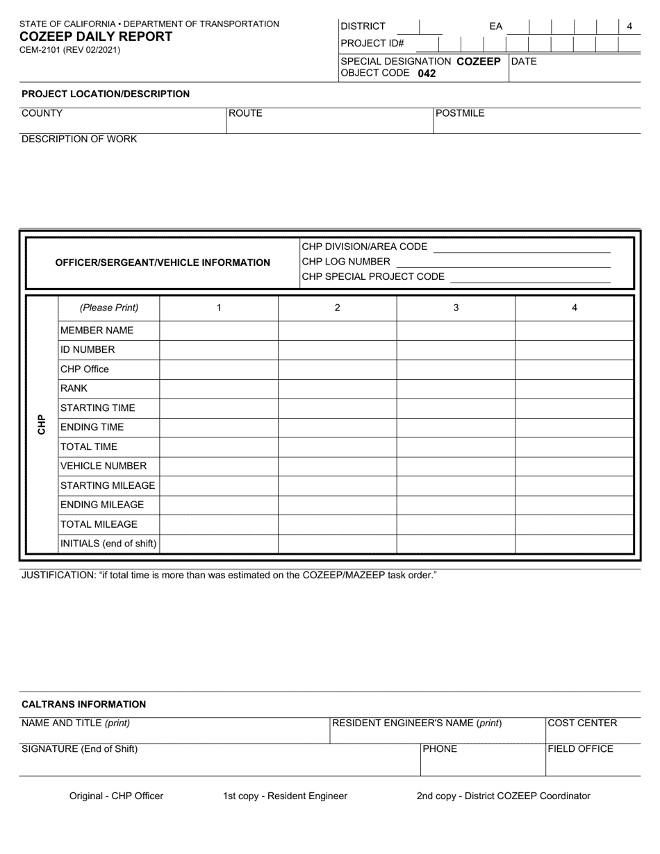 Form CEM-2101 Download Fillable PDF or Fill Online Cozeep Daily Report ...