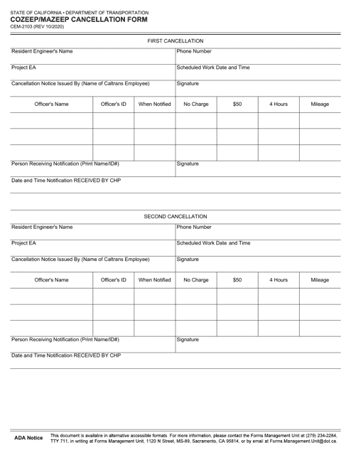 Form CEM-2103 Cozeep/Mazeep Cancellation Form - California