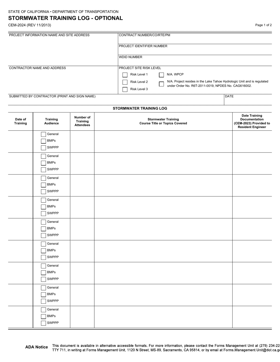 Form CEM-2024 Stormwater Training Log - Optional - California, Page 1