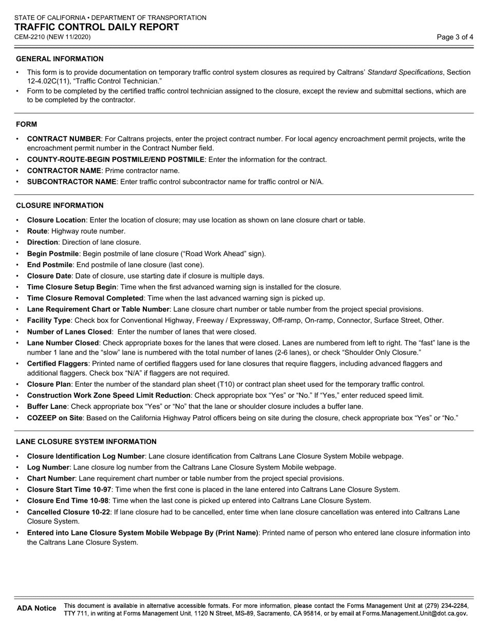 Form CEM-2210 Traffic Control Daily Report - California, Page 3