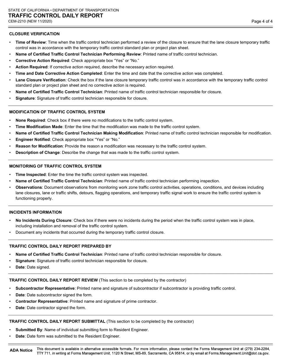 Form CEM-2210 Traffic Control Daily Report - California, Page 4