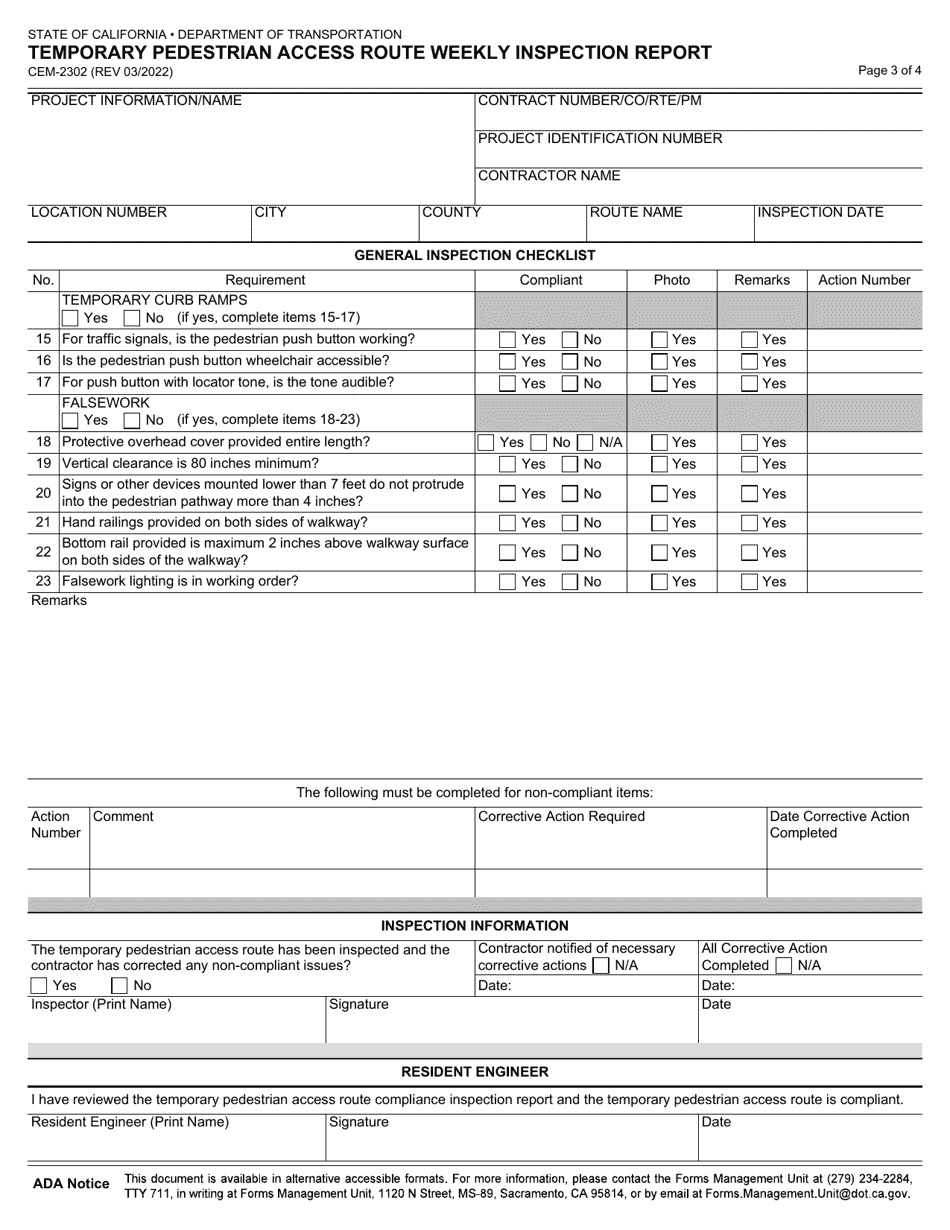 Form CEM-2302 Temporary Pedestrian Access Route Weekly Inspection Report - California, Page 3