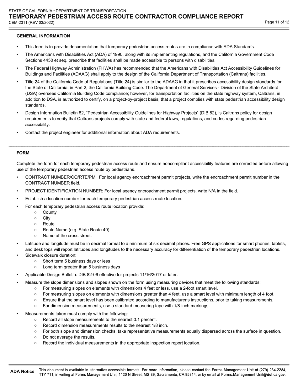 Form CEM-2311 Temporary Pedestrian Access Route Contractor Compliance Report - California, Page 11