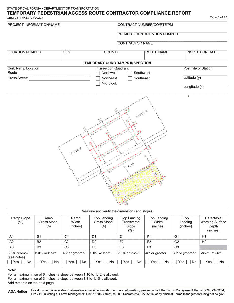 Form CEM-2311 Temporary Pedestrian Access Route Contractor Compliance Report - California, Page 6