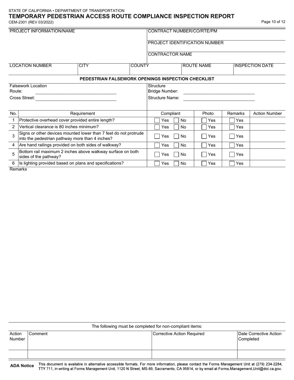 Form CEM-2301 Temporary Pedestrian Access Route Compliance Inspection Report - California, Page 10