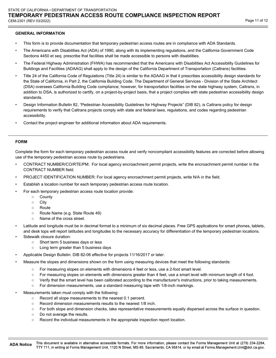 Form CEM-2301 Temporary Pedestrian Access Route Compliance Inspection Report - California, Page 11