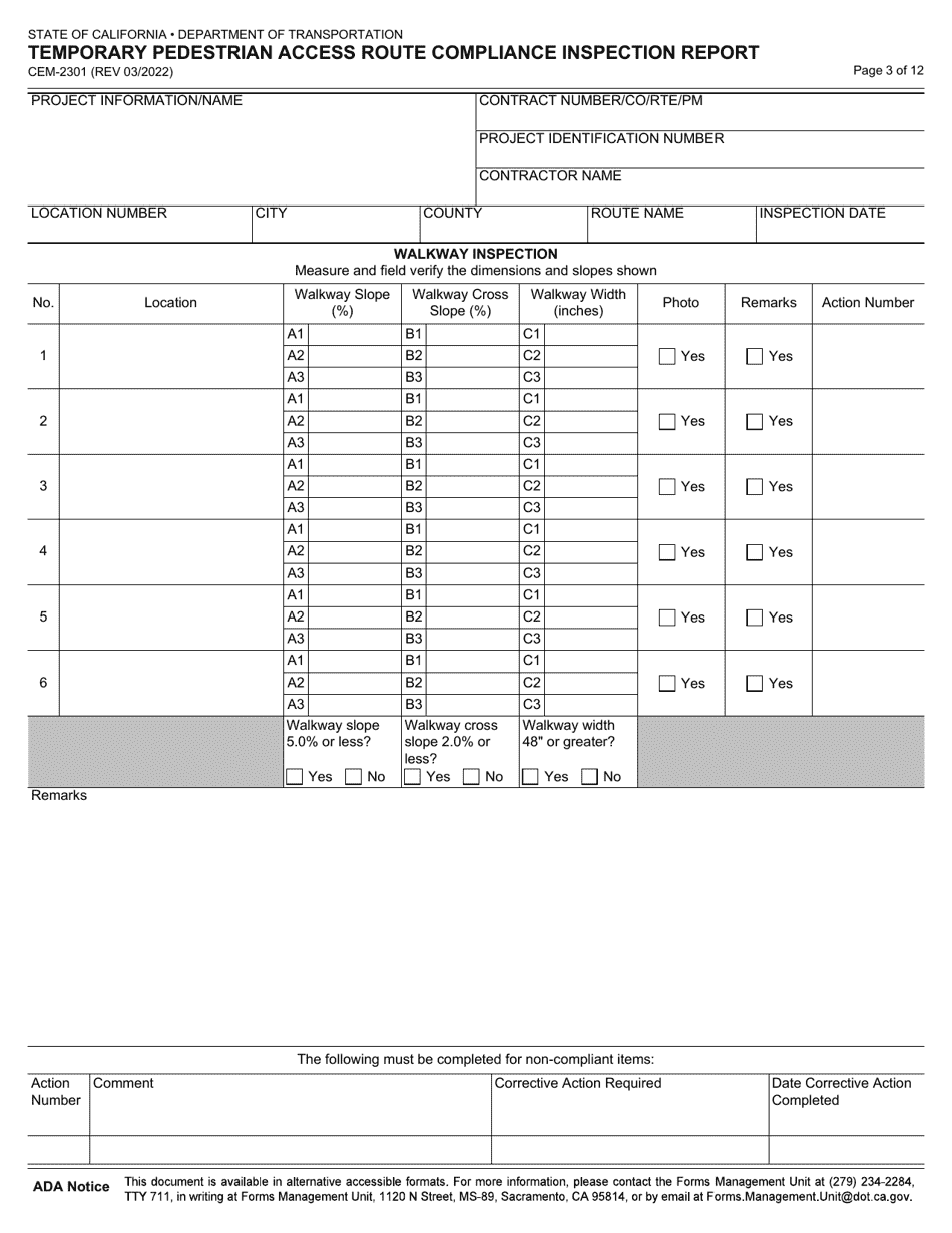 Form CEM-2301 Temporary Pedestrian Access Route Compliance Inspection Report - California, Page 3