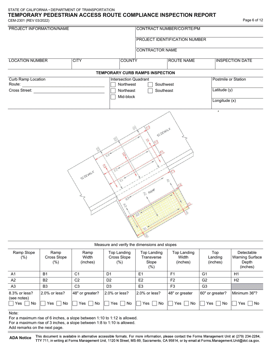 Form CEM-2301 Temporary Pedestrian Access Route Compliance Inspection Report - California, Page 6