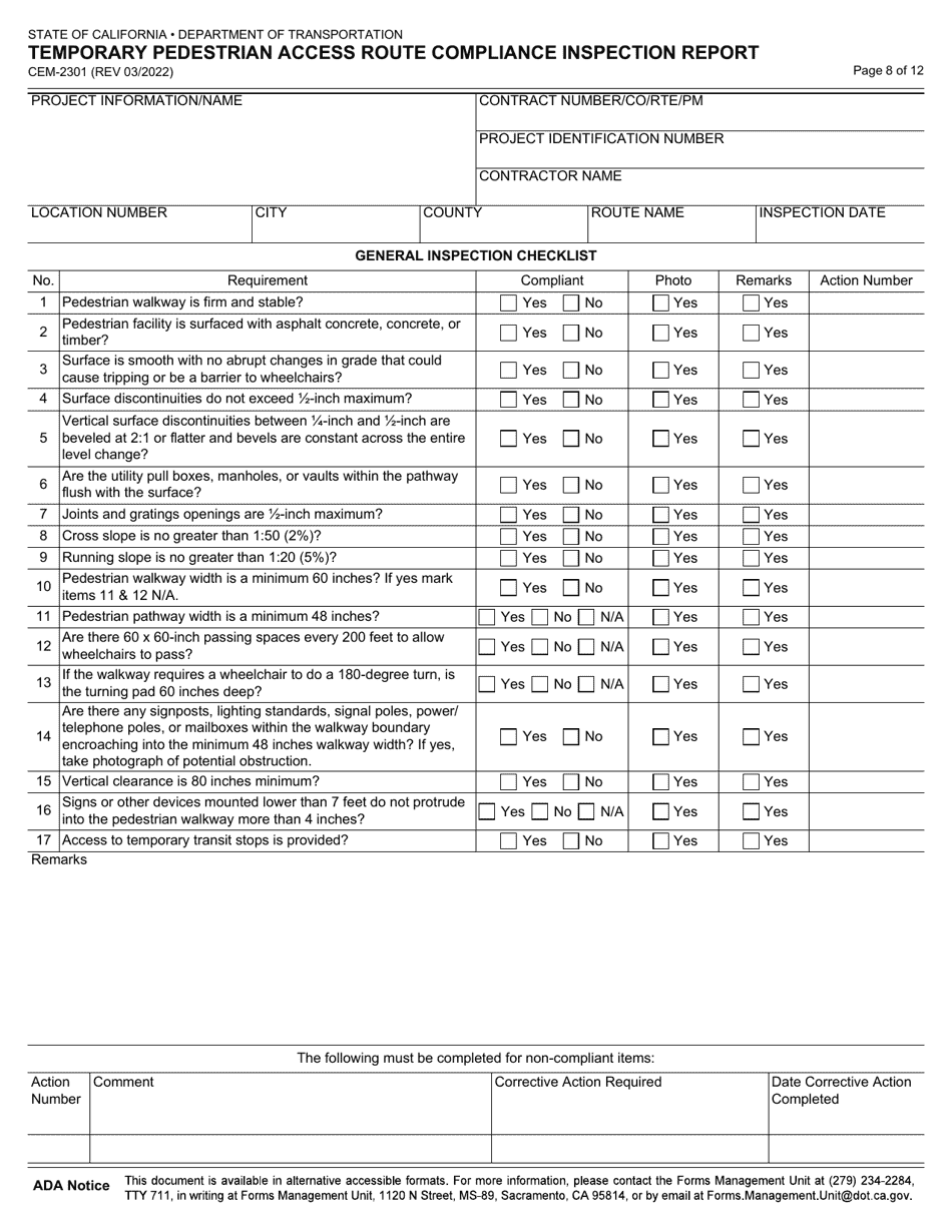 Form CEM-2301 Temporary Pedestrian Access Route Compliance Inspection Report - California, Page 8