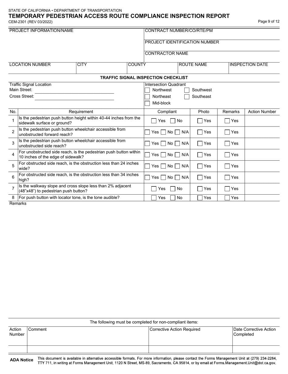 Form CEM-2301 Temporary Pedestrian Access Route Compliance Inspection Report - California, Page 9