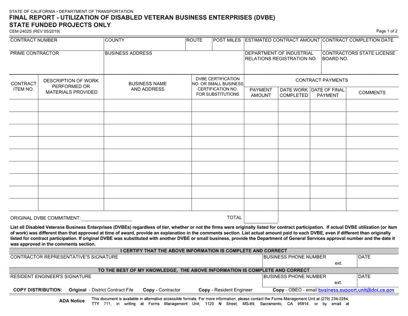 Form CEM-2402S Final Report - Utilization of Disabled Veteran Business Enterprises (Dvbe) State Funded Projects Only - California