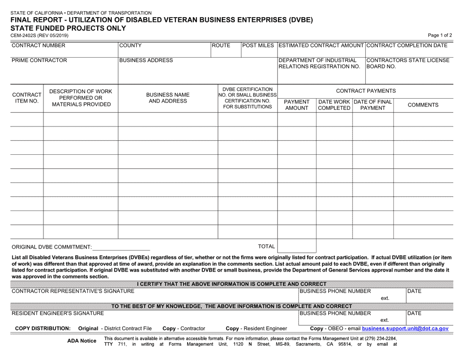 Form CEM-2402S Final Report - Utilization of Disabled Veteran Business Enterprises (Dvbe) State Funded Projects Only - California, Page 1