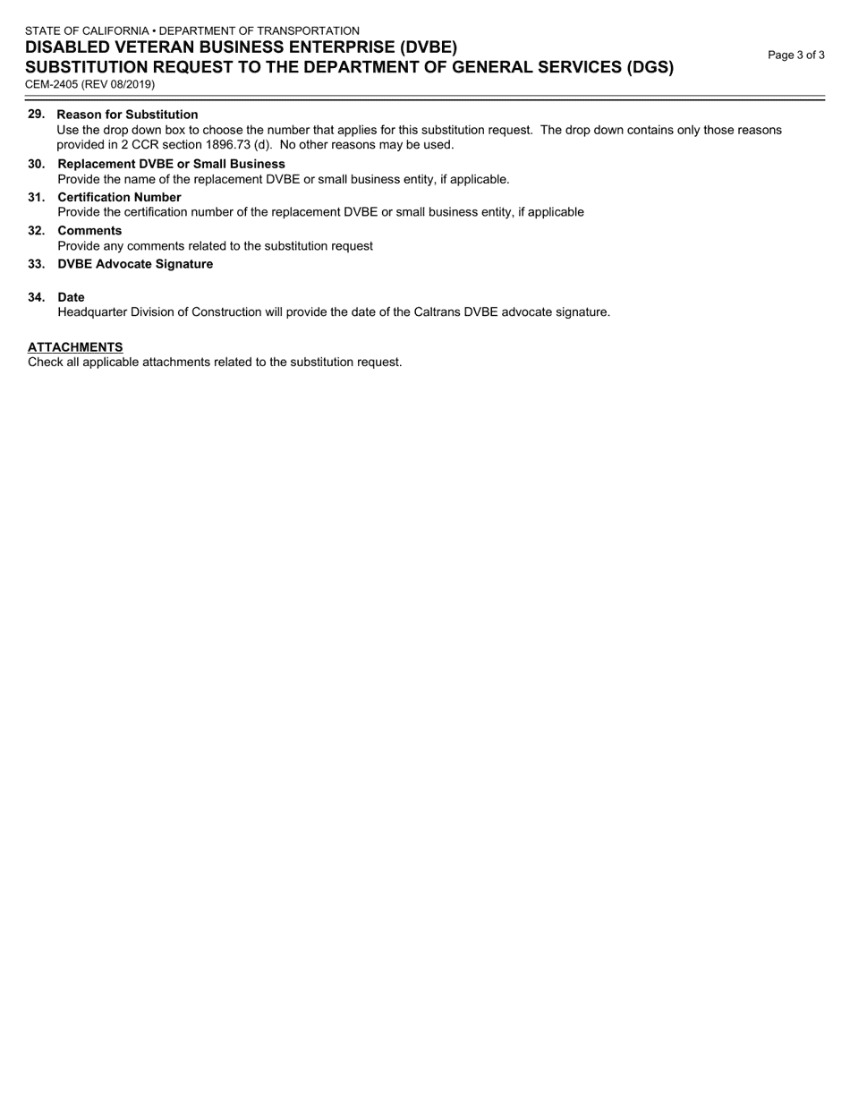 Form CEM-2405 Disabled Veteran Business Enterprise (Dvbe) Substitution Request to the Department of General Services (Dgs) - California, Page 3