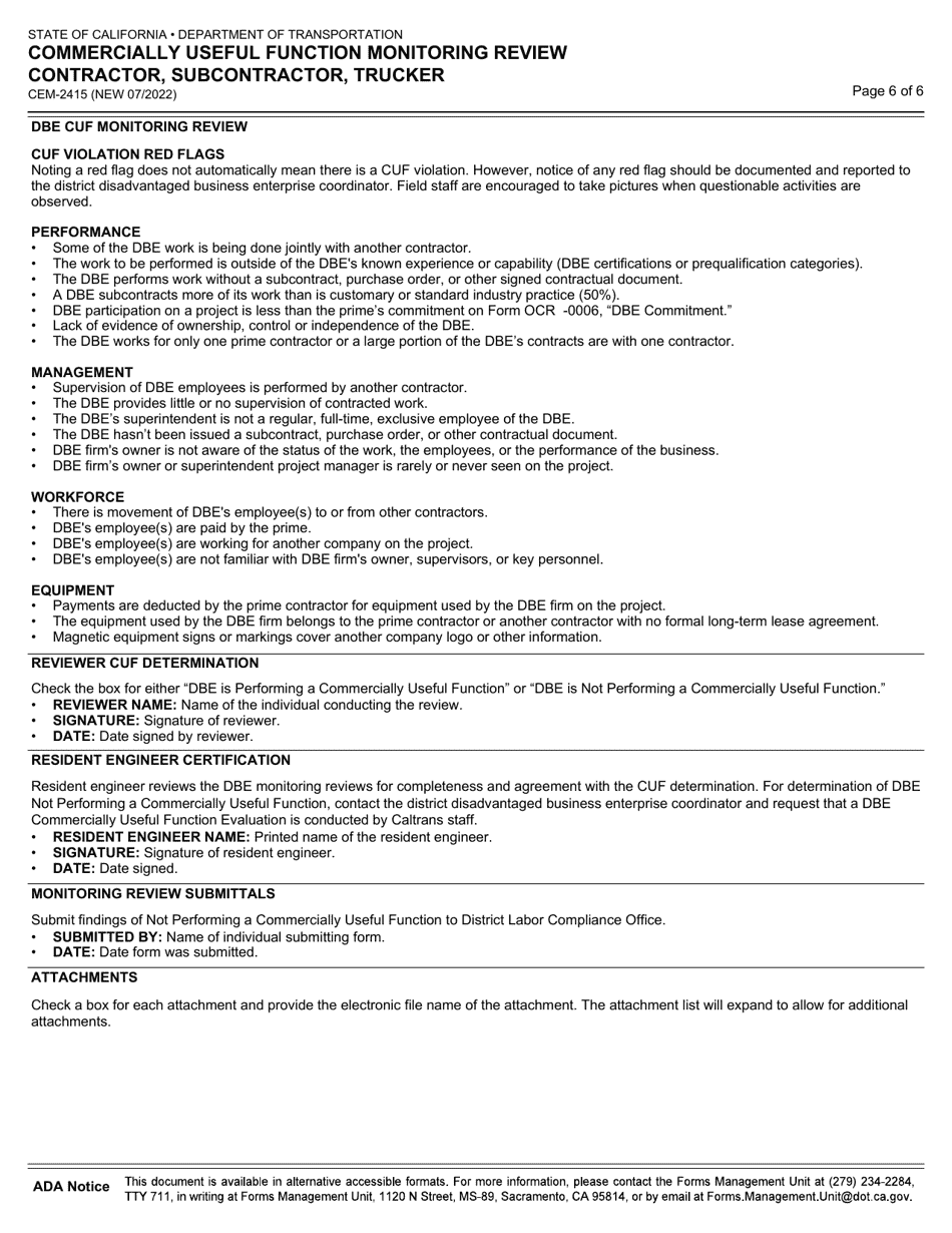 Form CEM-2415 Commercially Useful Function Monitoring Review Contractor, Subcontractor, Trucker - California, Page 6