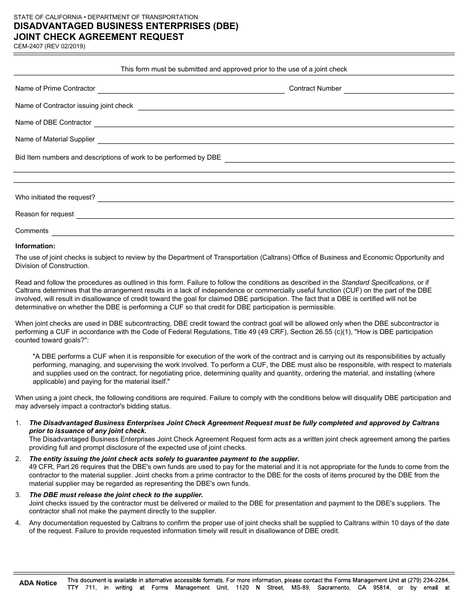 Form CEM-2407 Disadvantaged Business Enterprises (Dbe) Joint Check Agreement Request - California, Page 1