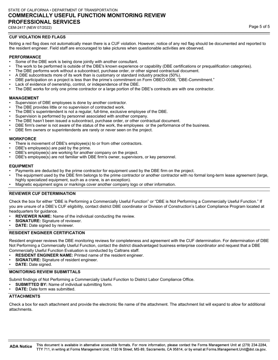 Form CEM-2417 Commercially Useful Function Monitoring Review Professional Services - California, Page 5