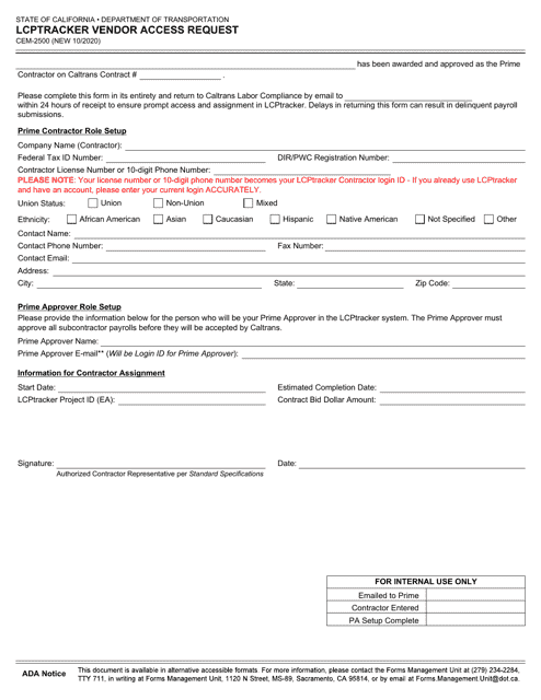 Form CEM-2500 Lcptracker Vendor Access Request - California