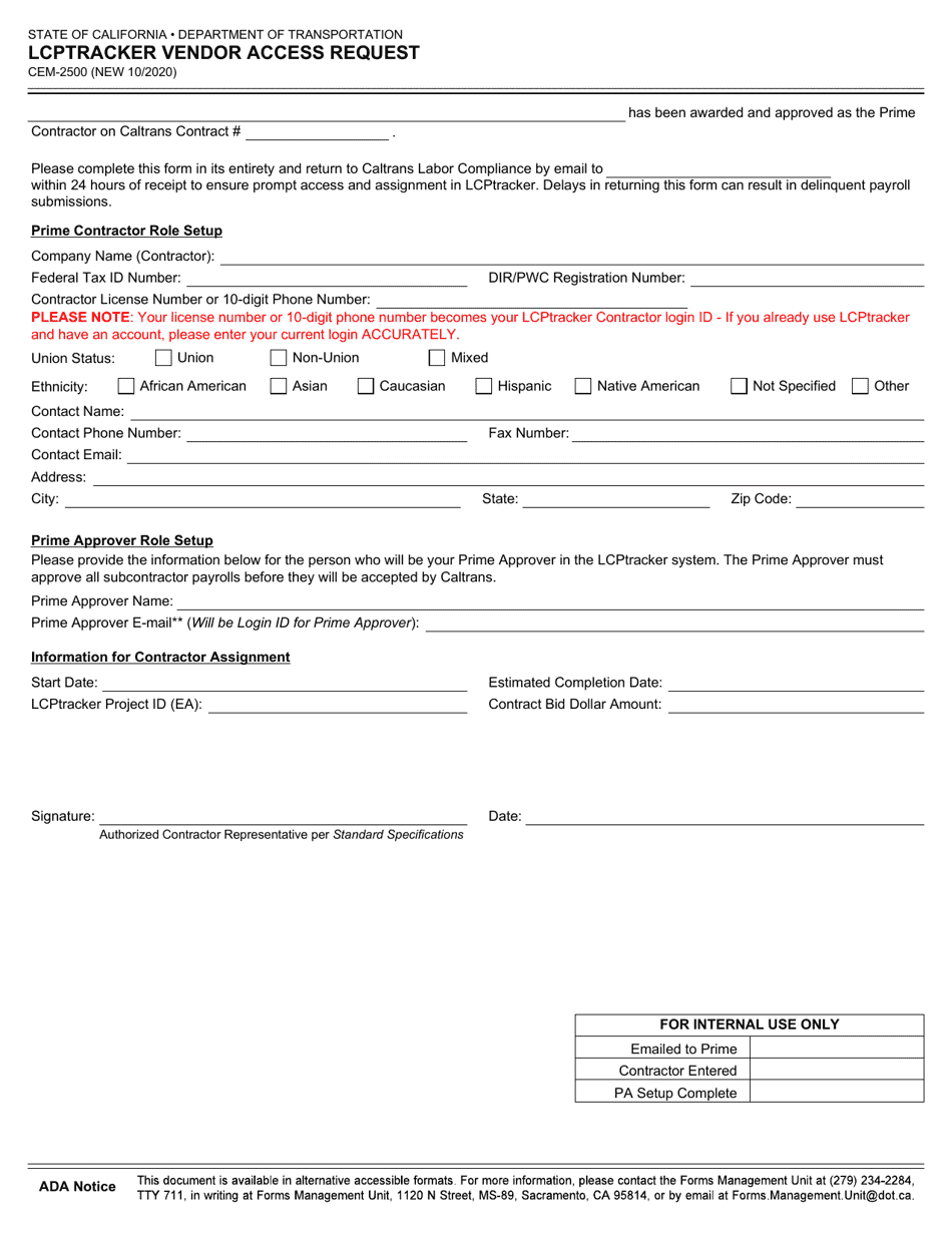 Form CEM-2500 Lcptracker Vendor Access Request - California, Page 1