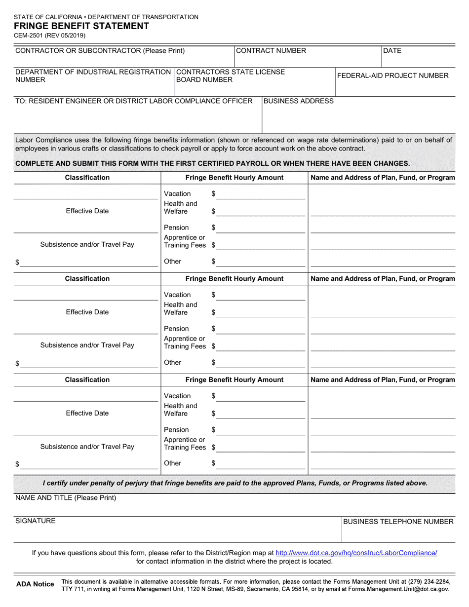 Form CEM-2501 Fringe Benefit Statement - California, Page 1