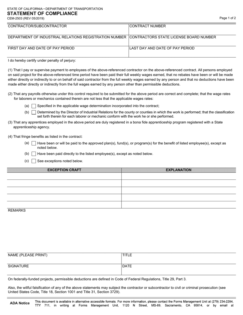 Form CEM-2503 Statement of Compliance - California, Page 1