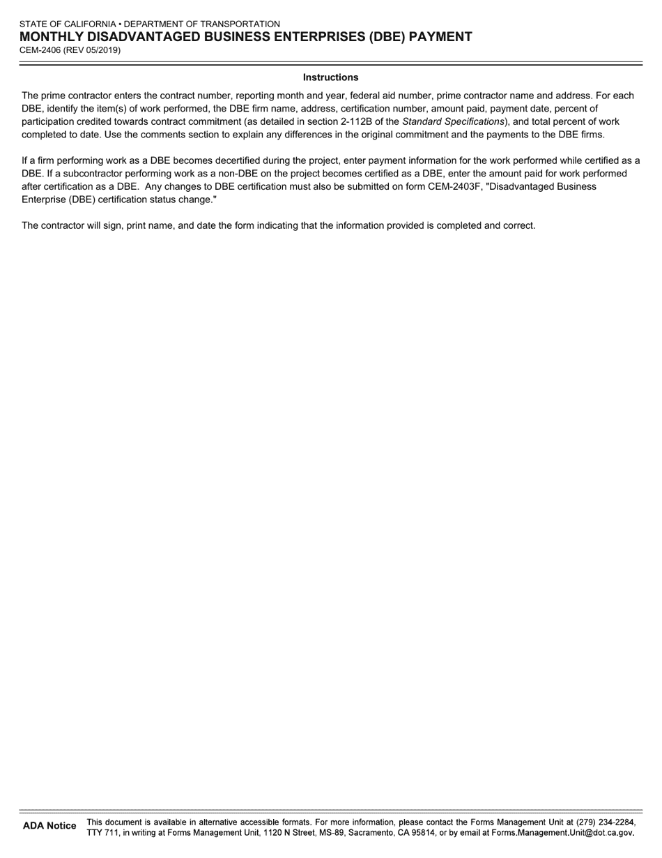 Form CEM-2406 Monthly Disadvantaged Business Enterprises (Dbe) Payment - California, Page 2