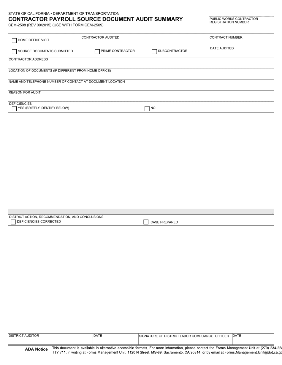 Form CEM-2508 Contractor Payroll Source Document Audit Summary - California, Page 1