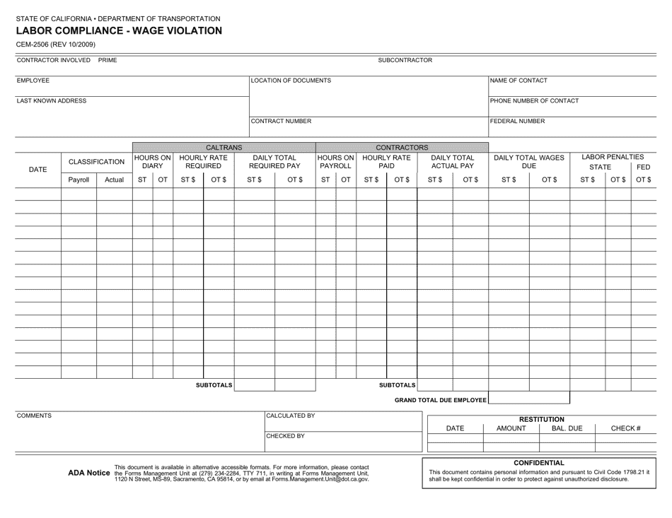 Form CEM-2506 Labor Compliance - Wage Violation - California, Page 1