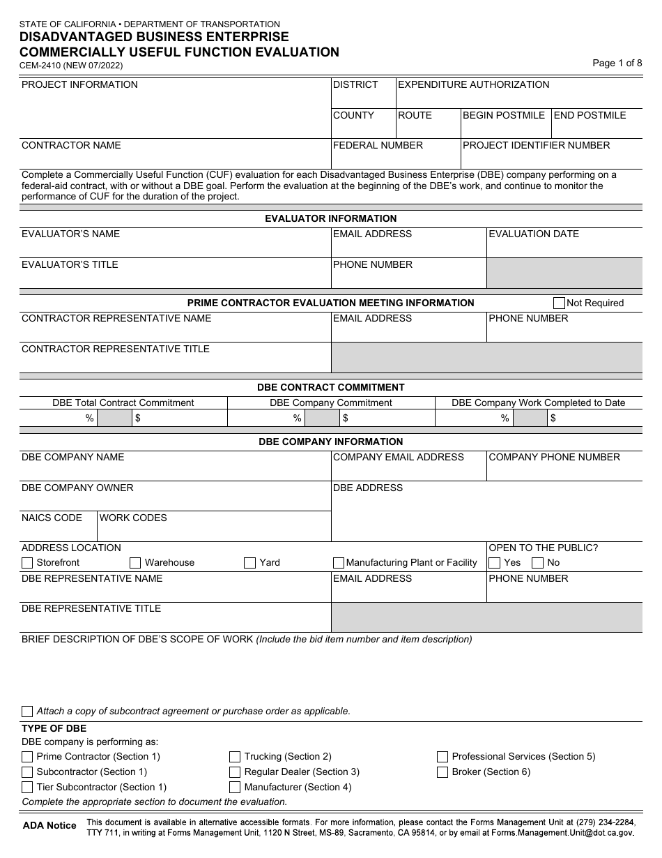 Form CEM-2410 Disadvantaged Business Enterprise Commercially Useful Function Evaluation - California, Page 1