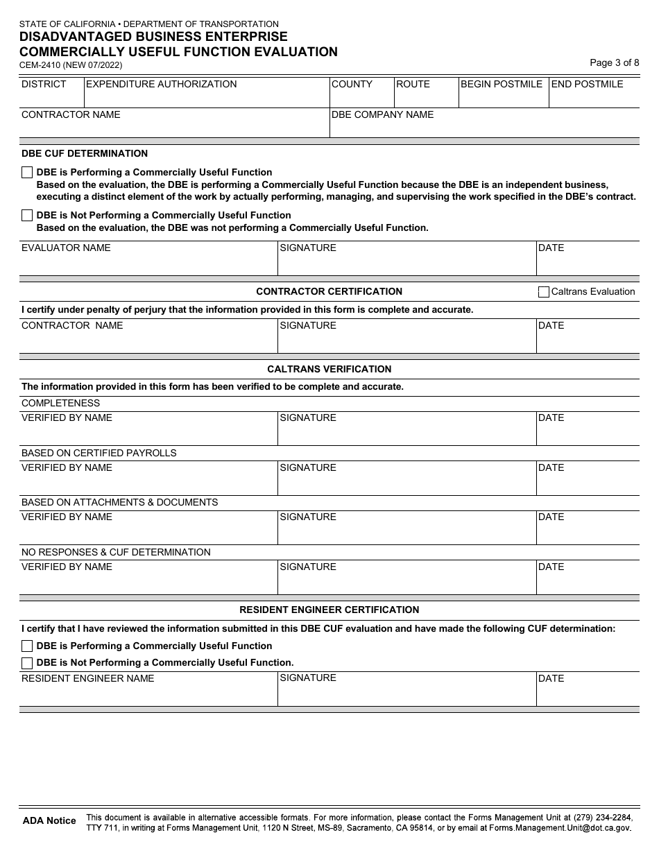 Form CEM-2410 Disadvantaged Business Enterprise Commercially Useful Function Evaluation - California, Page 3