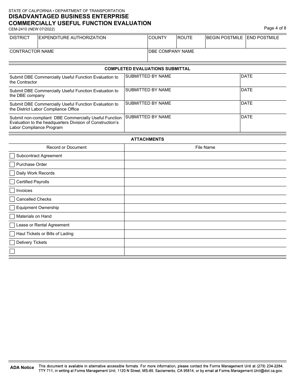 Form CEM-2410 Disadvantaged Business Enterprise Commercially Useful Function Evaluation - California, Page 4