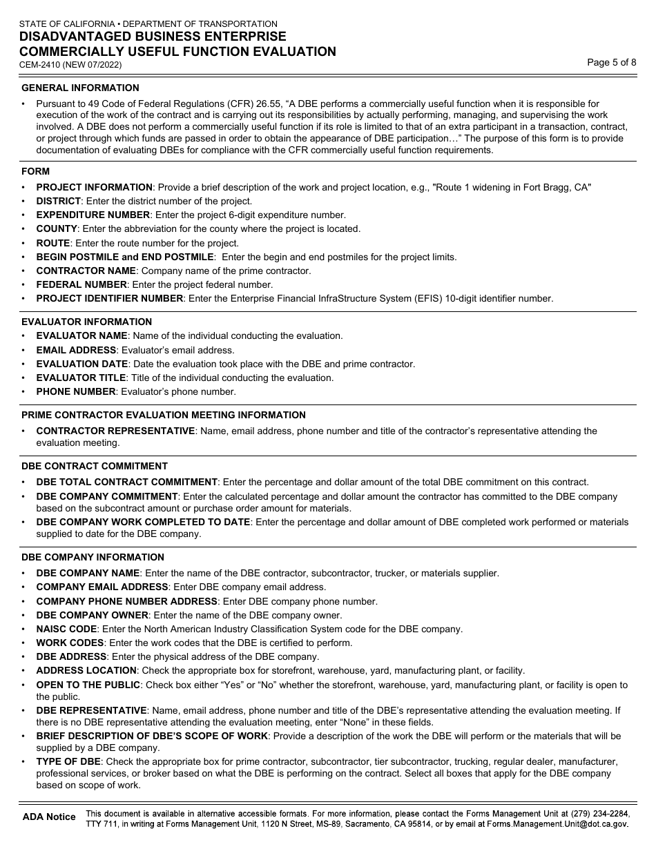 Form CEM-2410 Disadvantaged Business Enterprise Commercially Useful Function Evaluation - California, Page 5