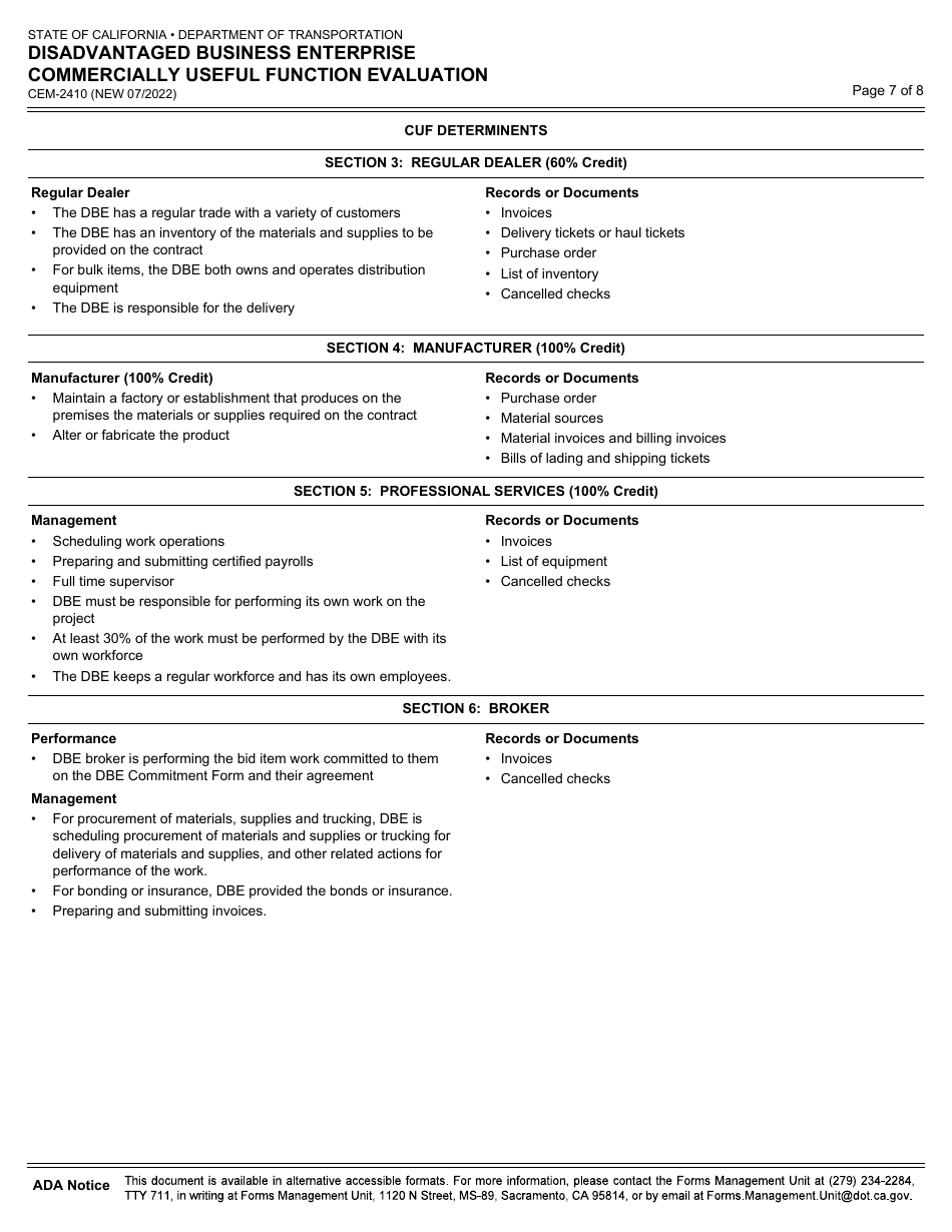 Form CEM-2410 Disadvantaged Business Enterprise Commercially Useful Function Evaluation - California, Page 7