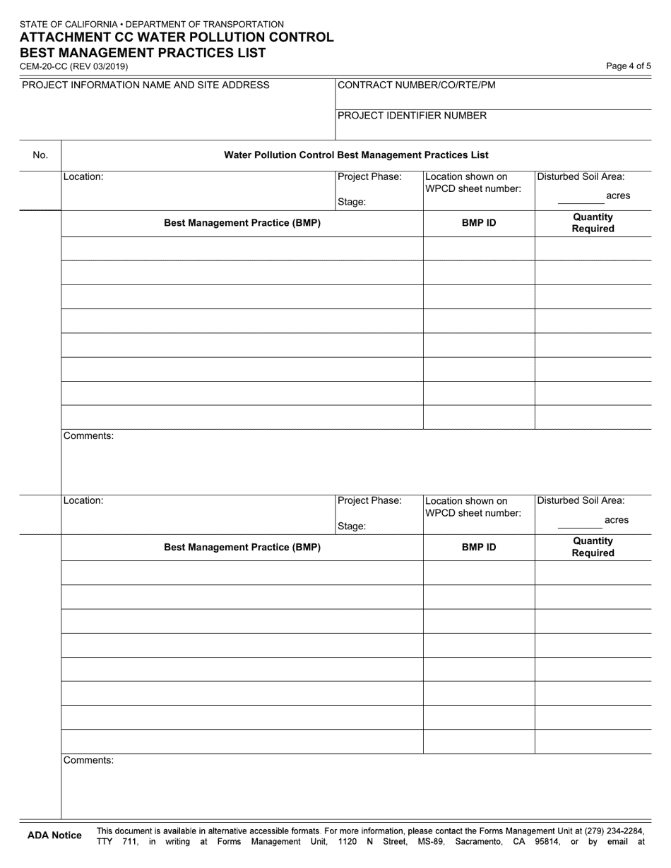 Form CEM-20-CC Attachment CC Water Pollution Control Best Management Practices List - California, Page 4