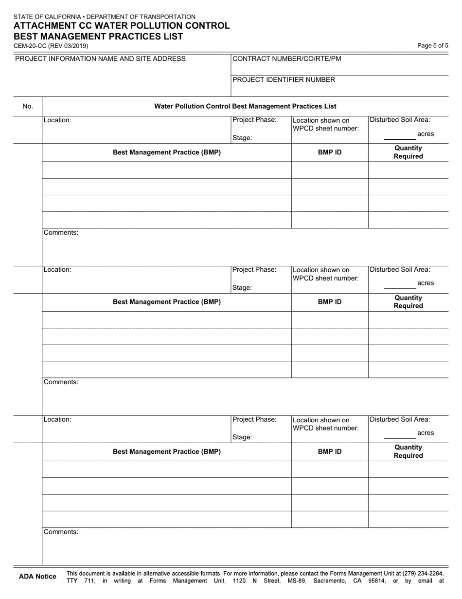 Form CEM-20-CC Attachment CC Water Pollution Control Best Management Practices List - California, Page 5
