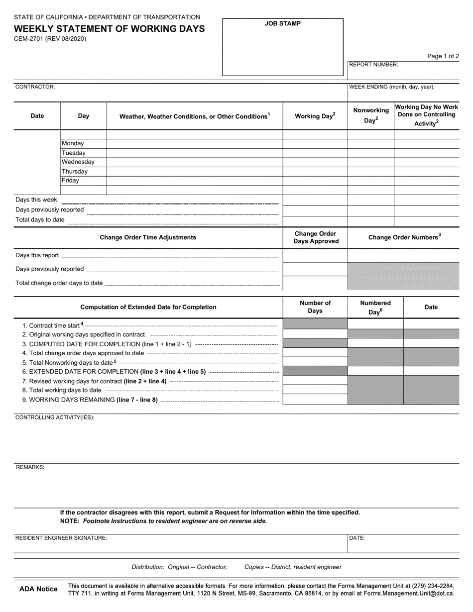 Form CEM-2701 Weekly Statement of Working Days - California, Page 1