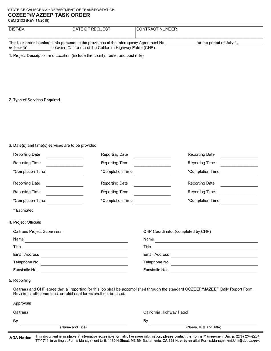 Form CEM-2102 Cozeep / Mazeep Task Order - California, Page 1