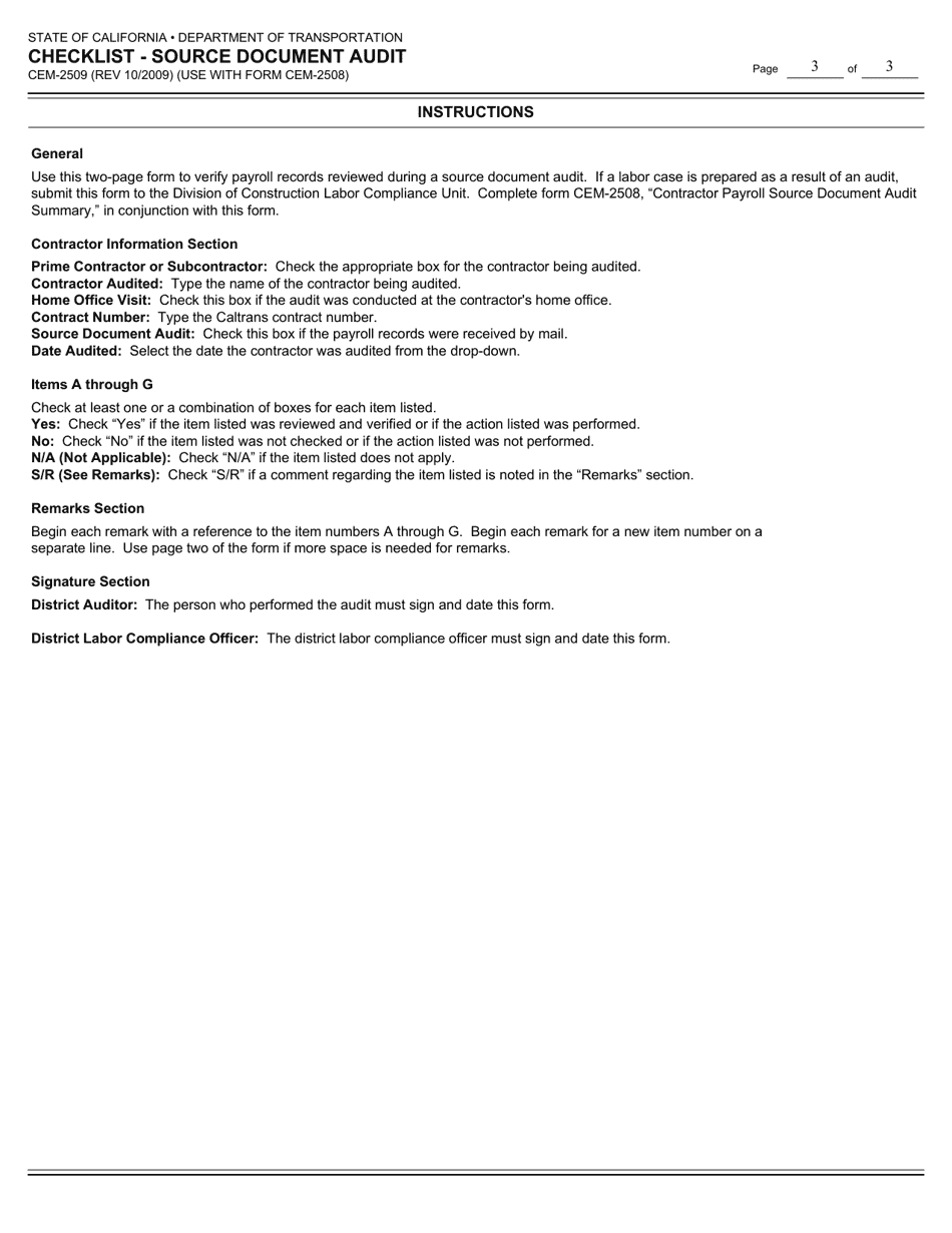 Form CEM-2509 Checklist - Source Document Audit - California, Page 3