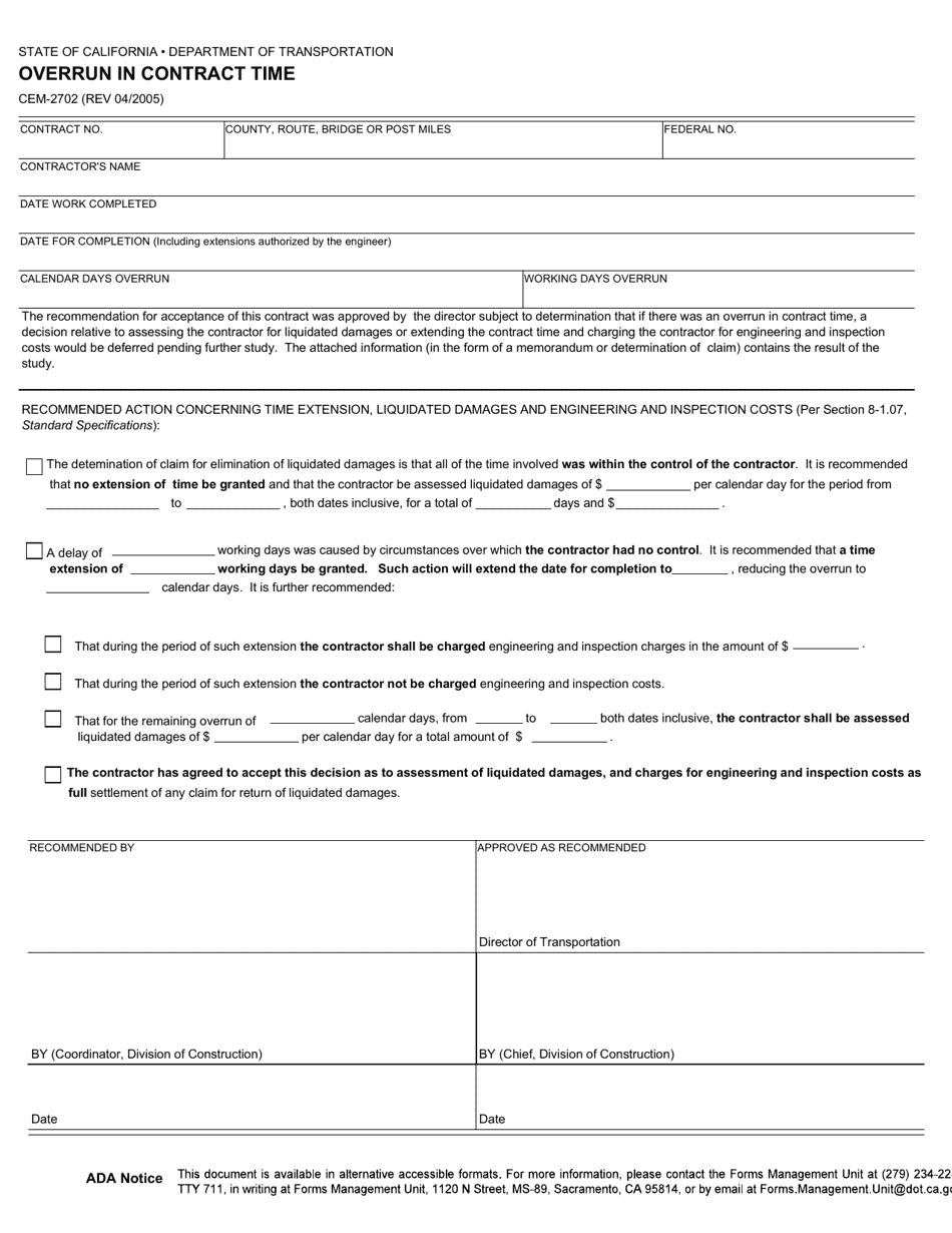 Form CEM-2702 Overrun in Contract Time - California, Page 1