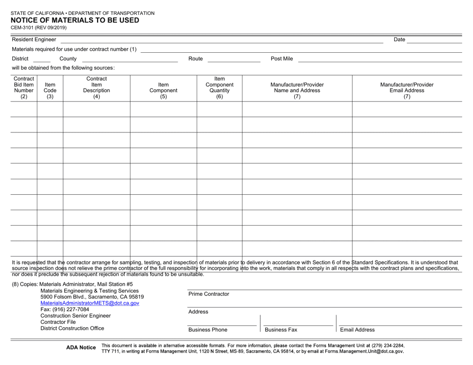 Form CEM-3101 Download Fillable PDF or Fill Online Notice of Materials ...