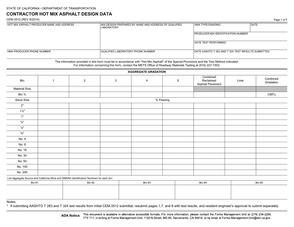 Form CEM-3512 Contractor Hot Mix Asphalt Design Data - California, Page 1