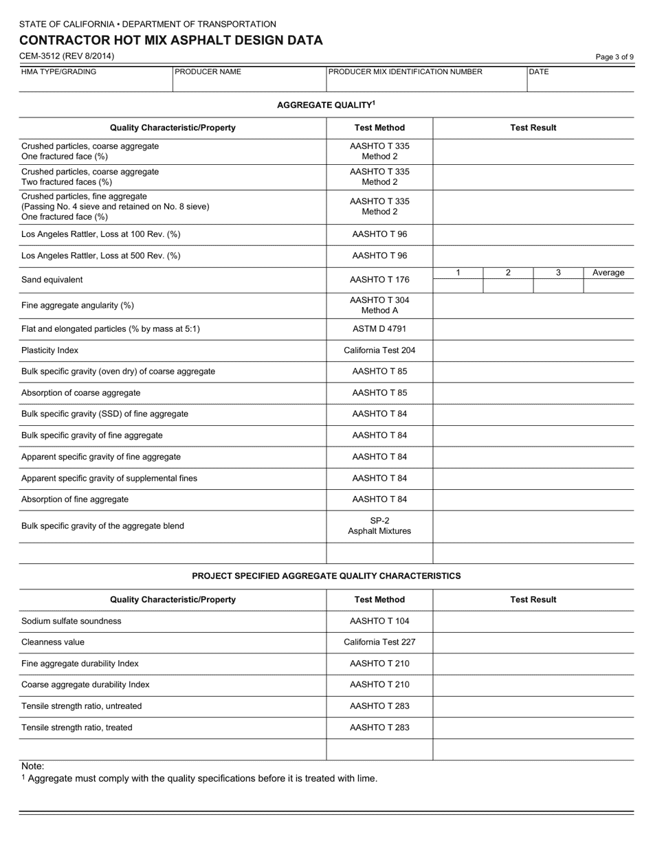 Form CEM-3512 Contractor Hot Mix Asphalt Design Data - California, Page 3