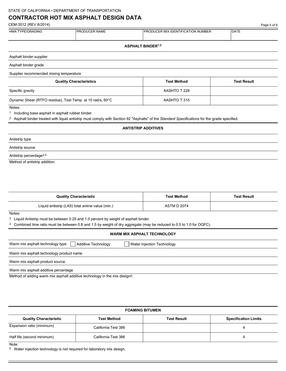 Form CEM-3512 Contractor Hot Mix Asphalt Design Data - California, Page 5