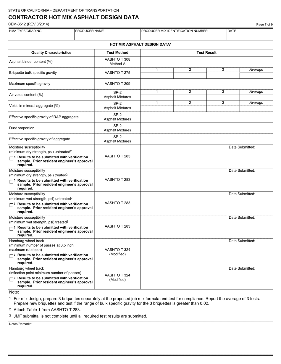 Form CEM-3512 Contractor Hot Mix Asphalt Design Data - California, Page 7