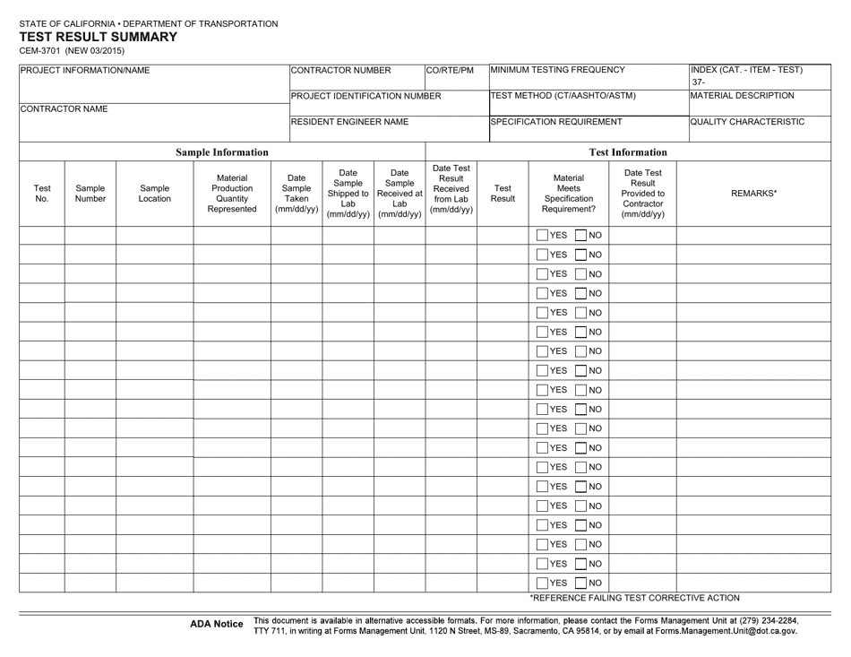 Form CEM-3701 Test Result Summary - California, Page 1
