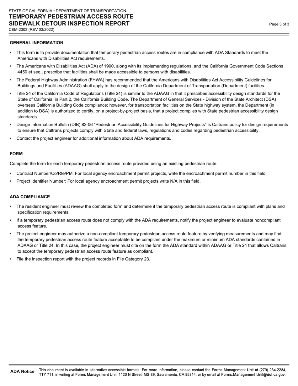 Form CEM-2303 Temporary Pedestrian Access Route Sidewalk Detour Inspection Report - California, Page 3