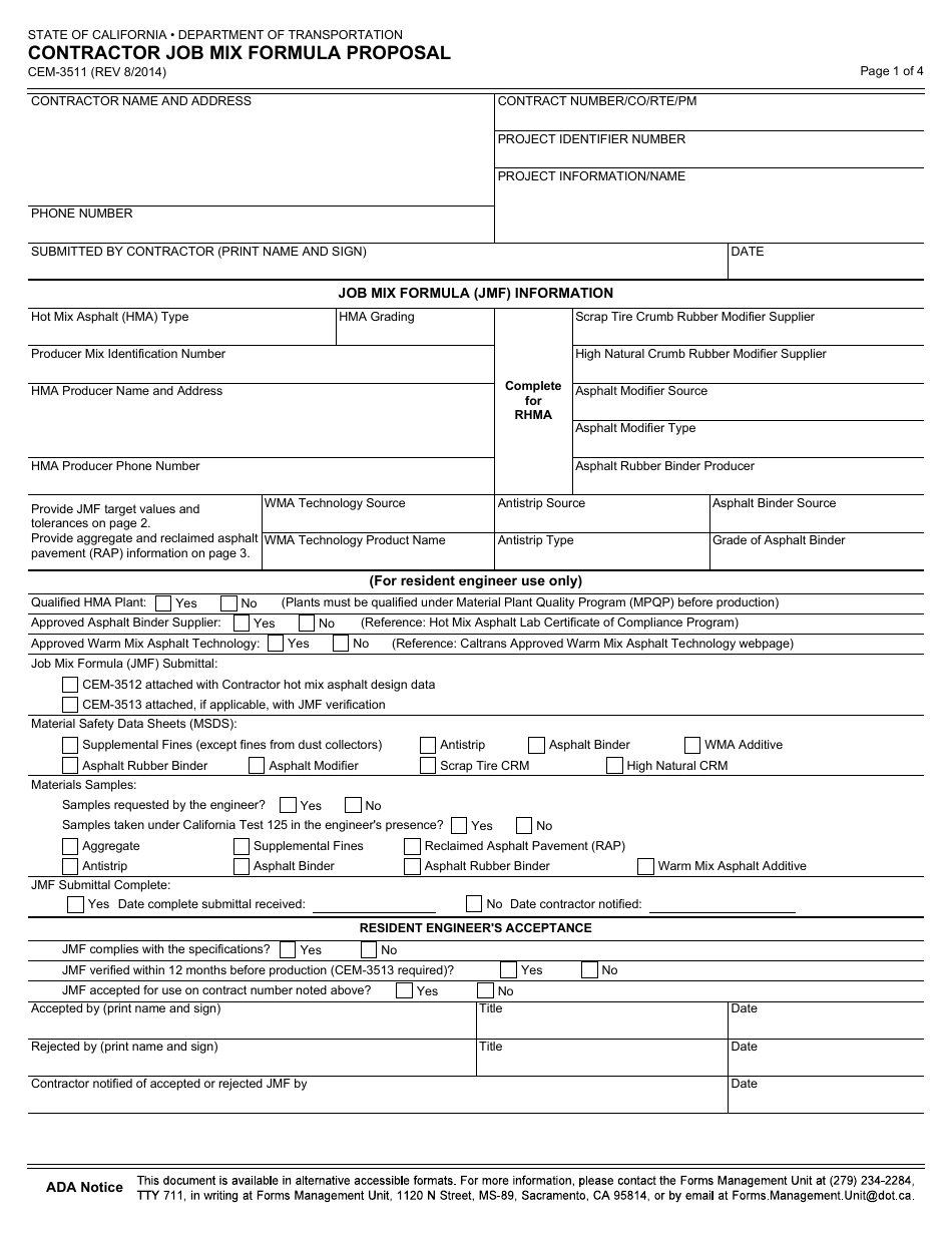 Form CEM-3511 Contractor Job Mix Formula Proposal - California, Page 1