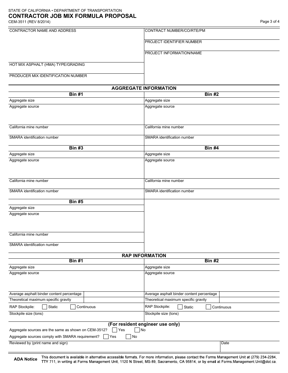 Form CEM-3511 Contractor Job Mix Formula Proposal - California, Page 3