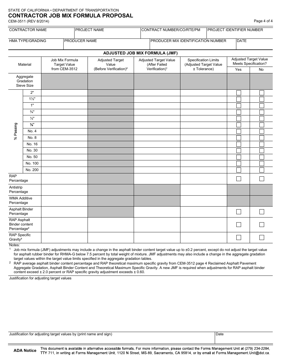 Form CEM-3511 Contractor Job Mix Formula Proposal - California, Page 4